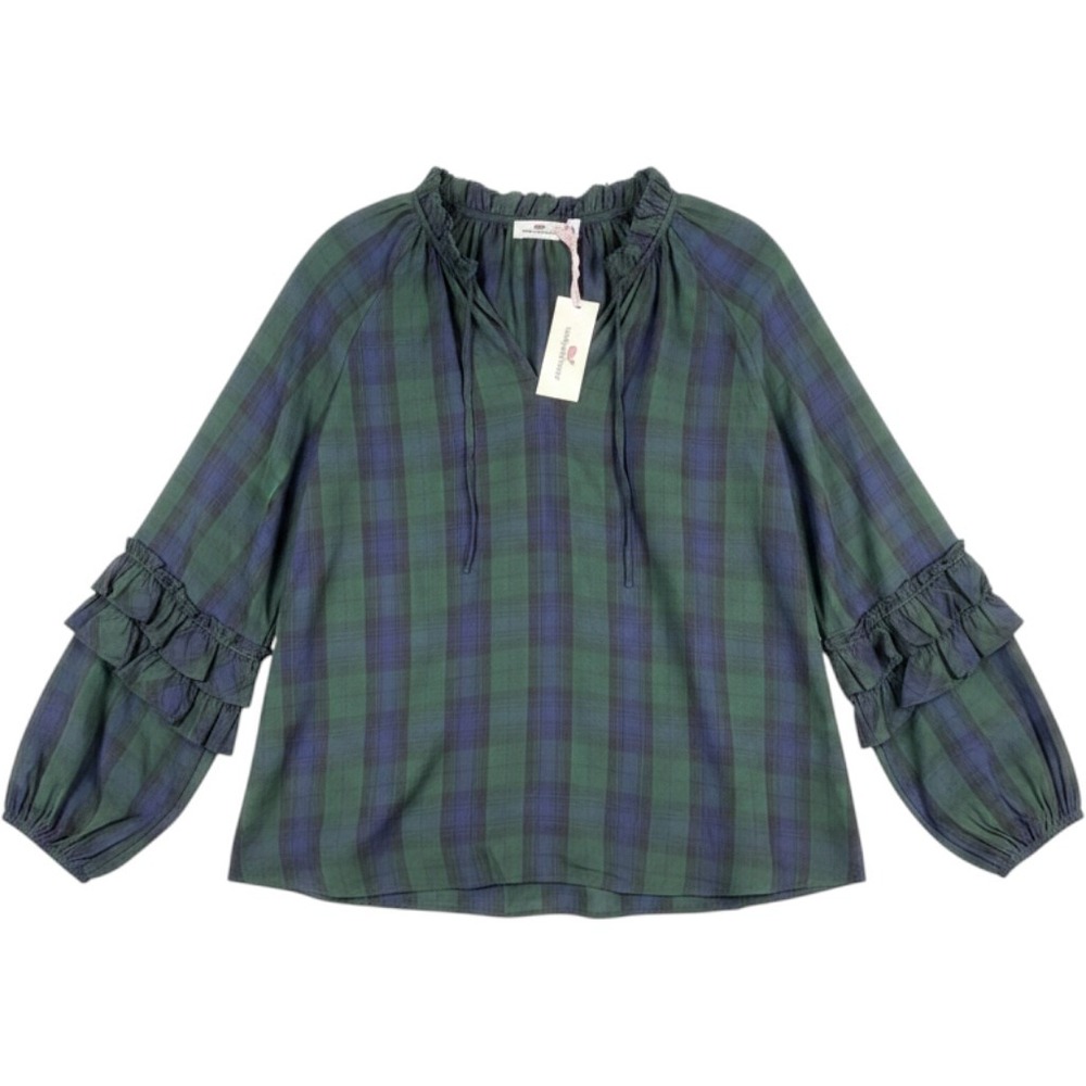 Vineyard Vines Top Womens M Green Blackwatch Ruffle Sleeve Plaid Blouse NWT